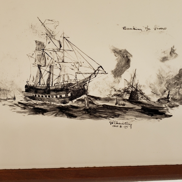 Vintage H&R Johnson Framed Tile Trivet from England Sailboats Shipwreck RARE. - Picture 2 of 9